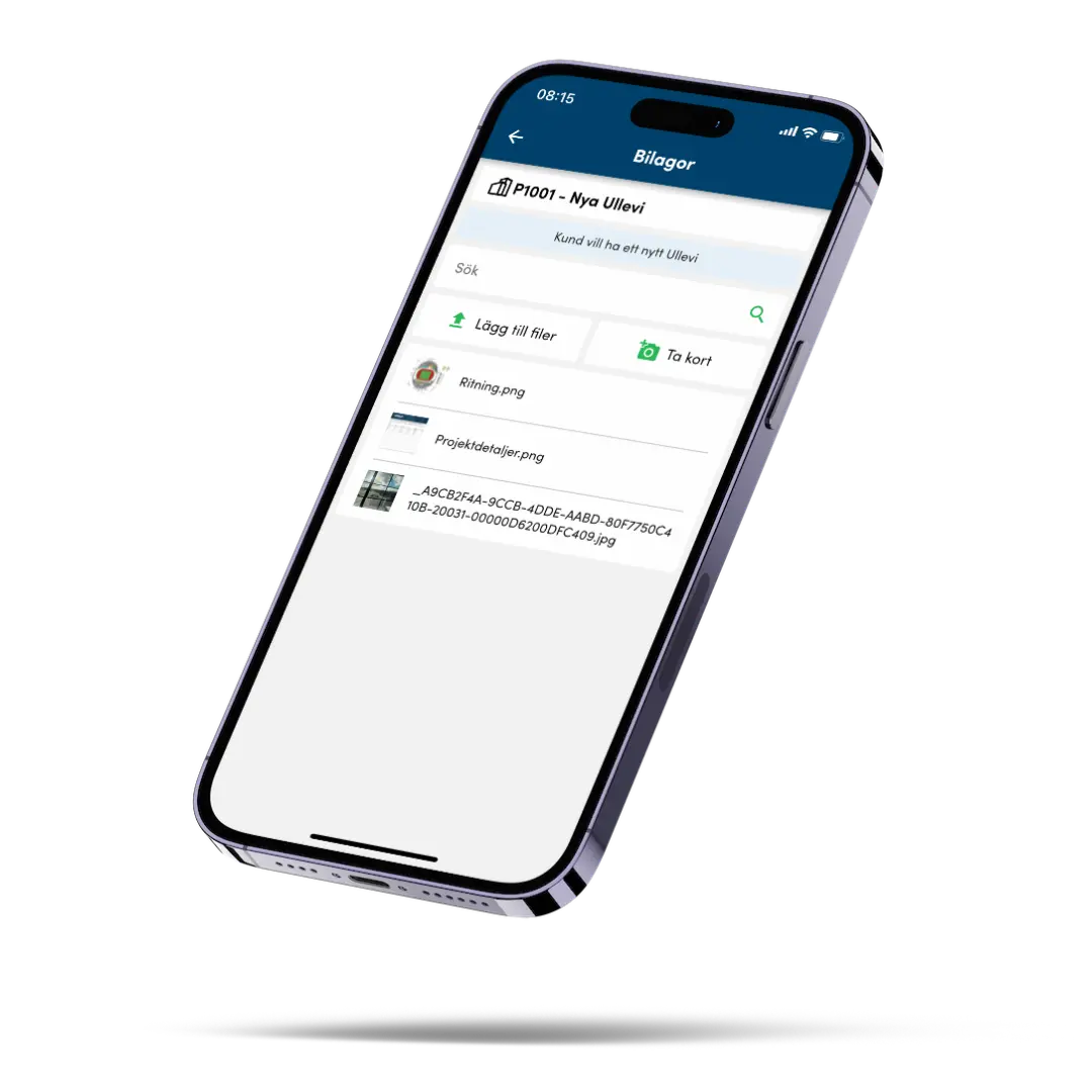 En mobil som visar Bygglets system i appen