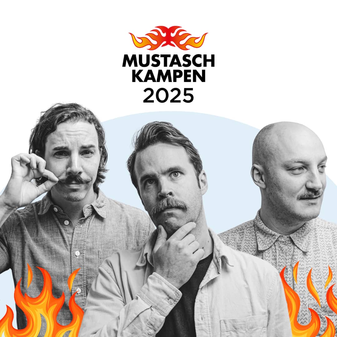 Tre killar med mustasch i svartvitt